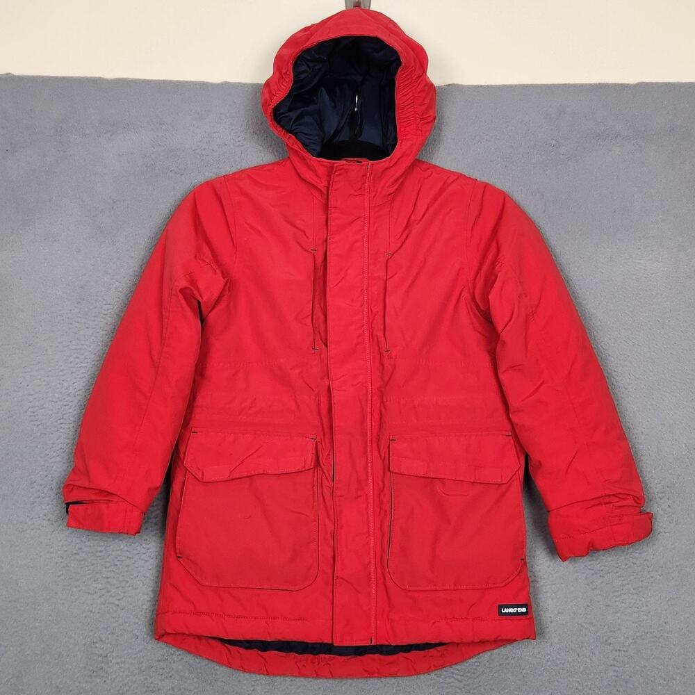 Lands' End Parka Coat Kids Small 8 Red Hooded Insulated Winter Grow-A-Longs